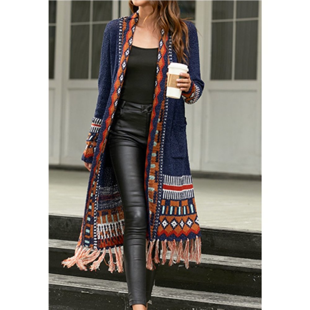 Navy Blue Multicolor Aztec Tribal Print Knit Long Cardigan Duster Kimono Sweater - Picture 2 of 8